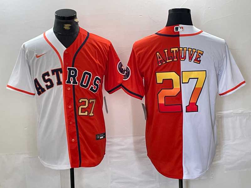 Mens Houston Astros #27 Jose Altuve Number White Orange Split Stitched Baseball Jersey Dzhi